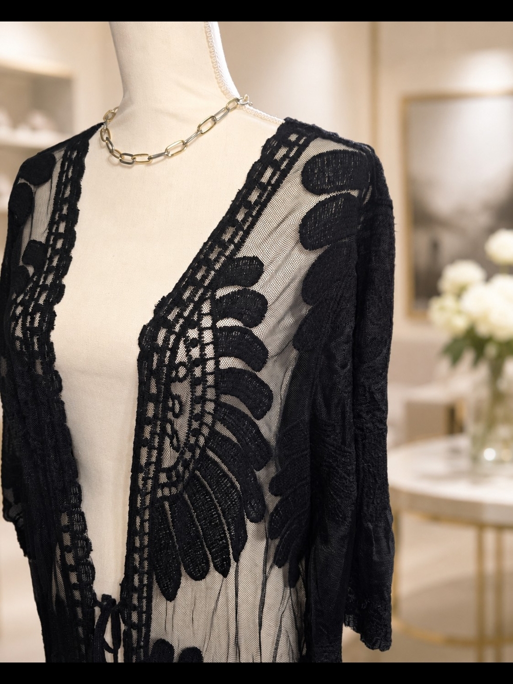 Adiva Black Lace Sheer Crochet Swim Cover-Up Kimono - Picture 4 of 6